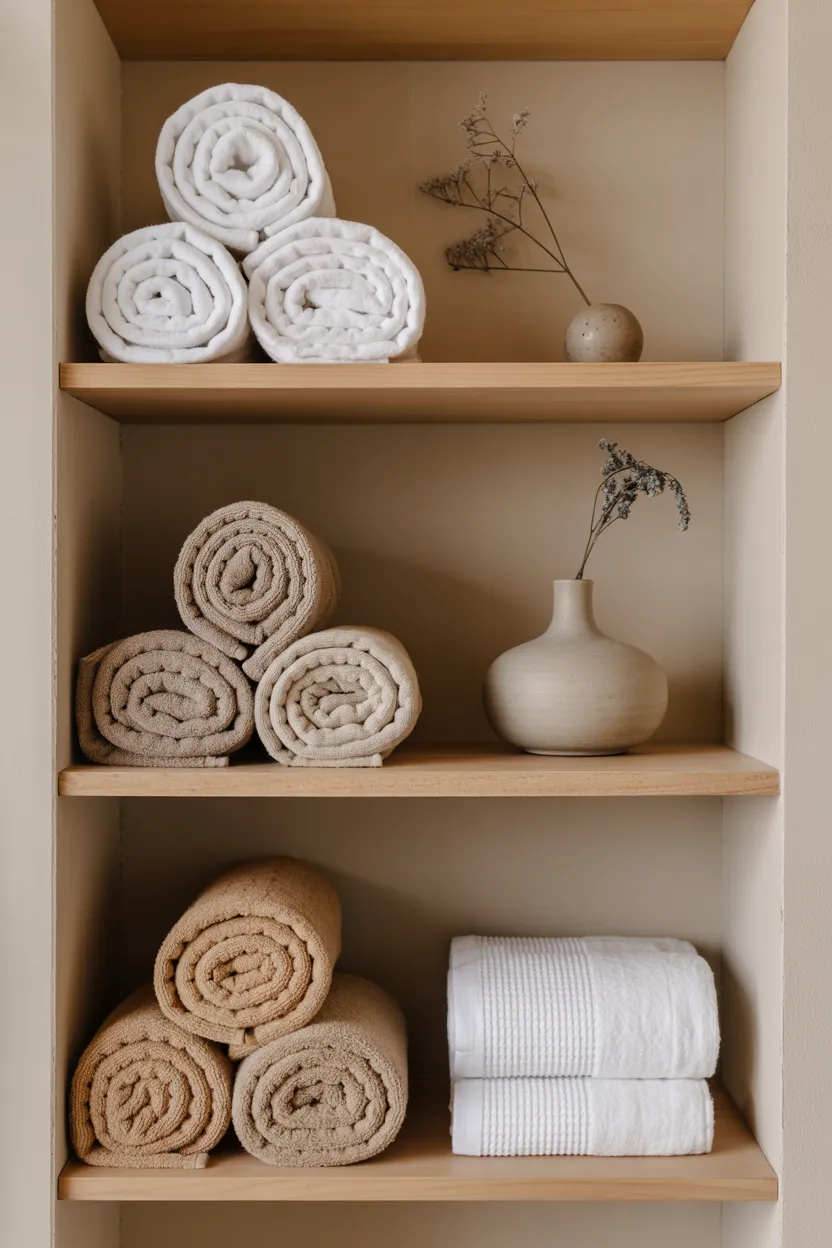  Japandi Bathroom With Open Shelf Displaying Towels as Art