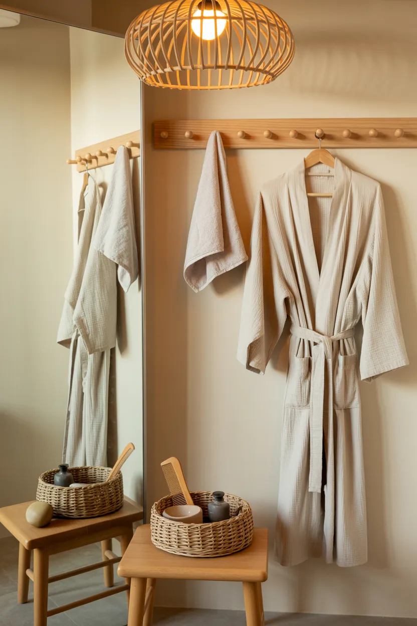 Japandi Bathroom With Organic Cotton Robe and Ritual Dressing Area