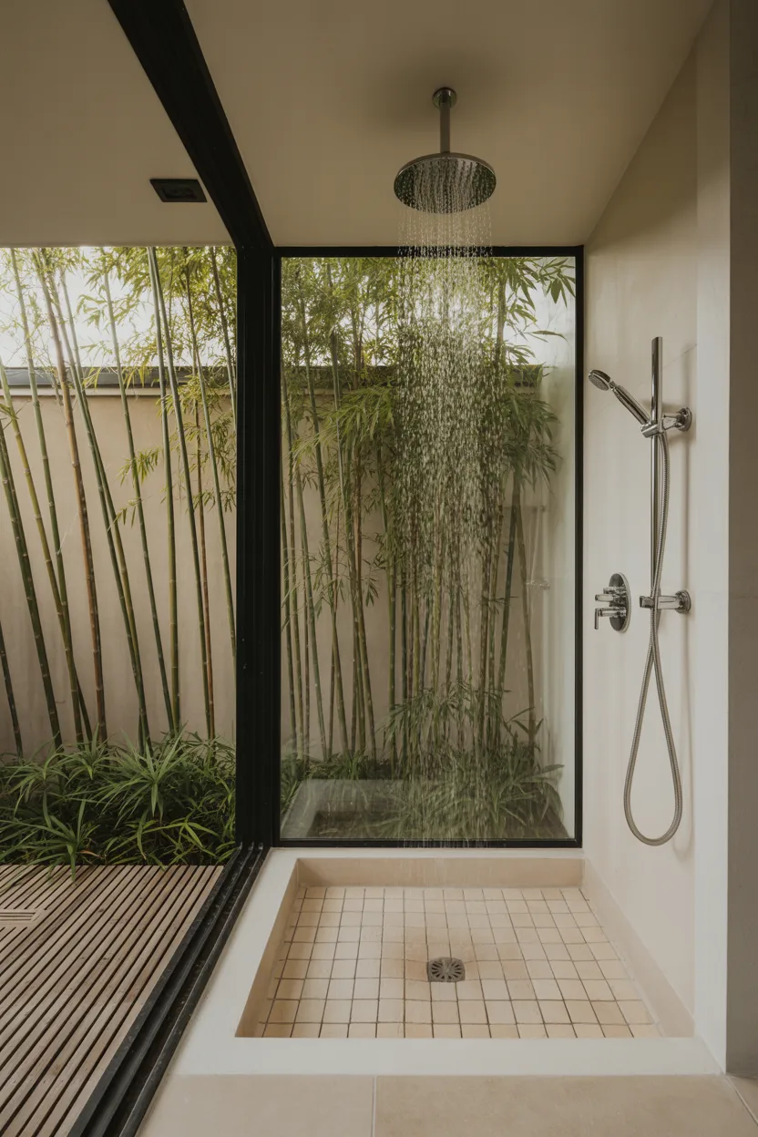 Japandi Bathroom With Outdoor Shower and Garden View