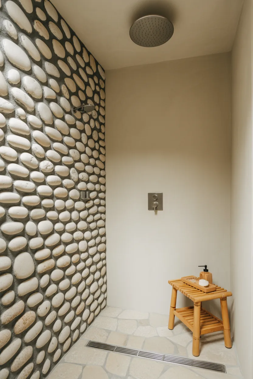 Japandi Bathroom With Rainfall Shower and River Stone Wall