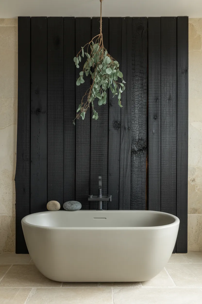 Japandi Bathroom With Shou Sugi Ban Accent Wall