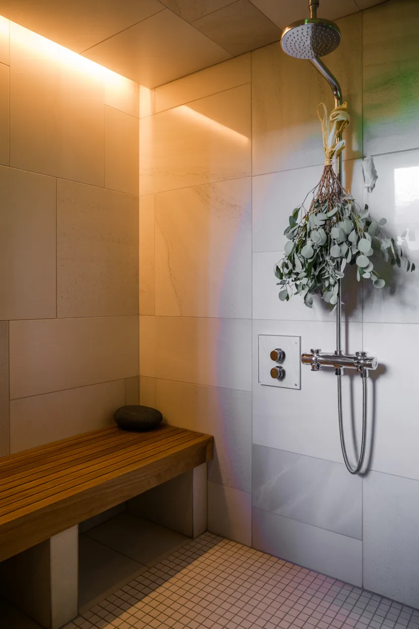  Japandi Bathroom With Steam Room and Eucalyptus Ritual