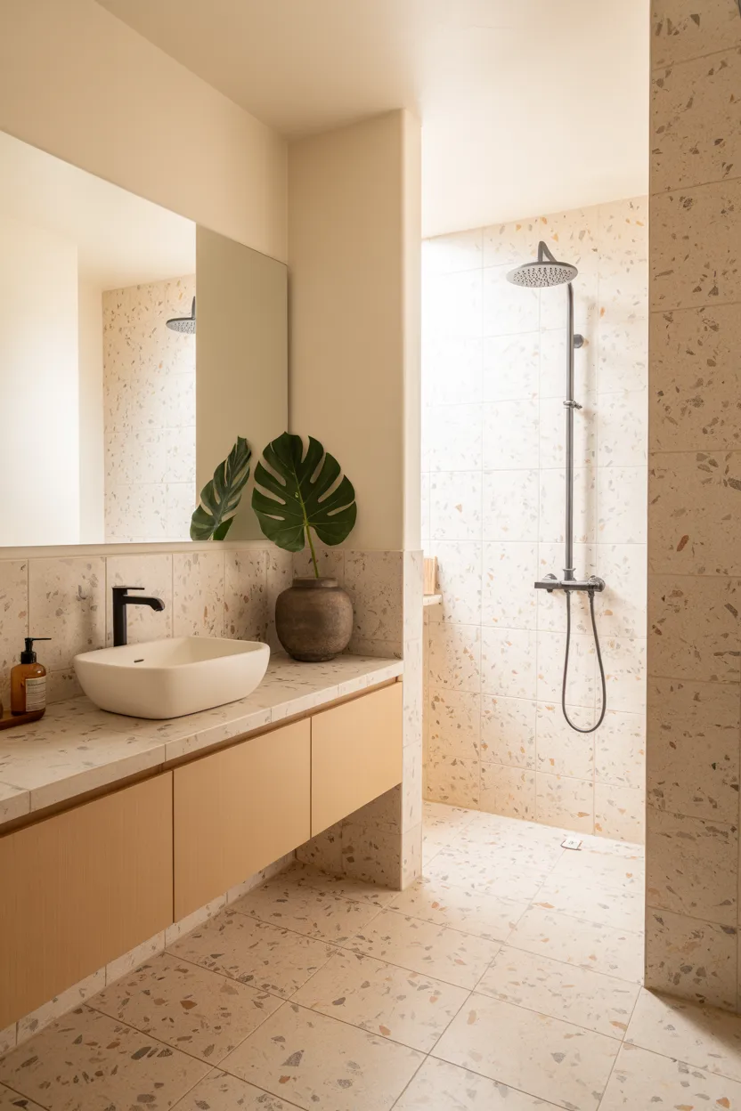 Japandi Bathroom With Terrazzo Floor in Natural Tones