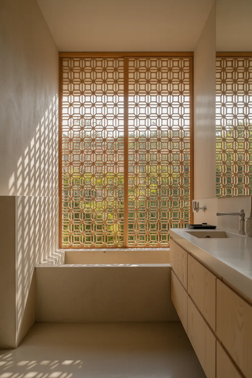 Japandi Bathroom With Wooden Lattice Window for Privacy