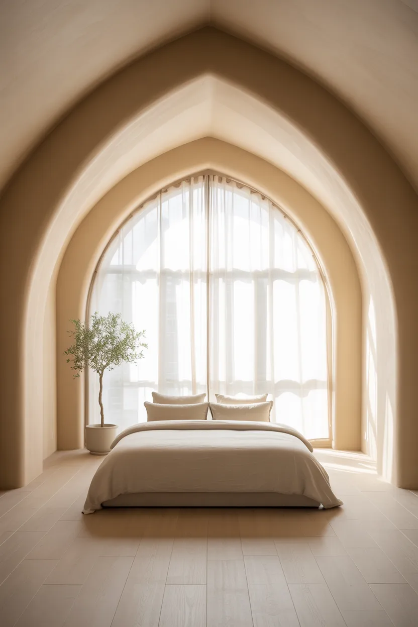  Japandi Bedroom With Arched Window