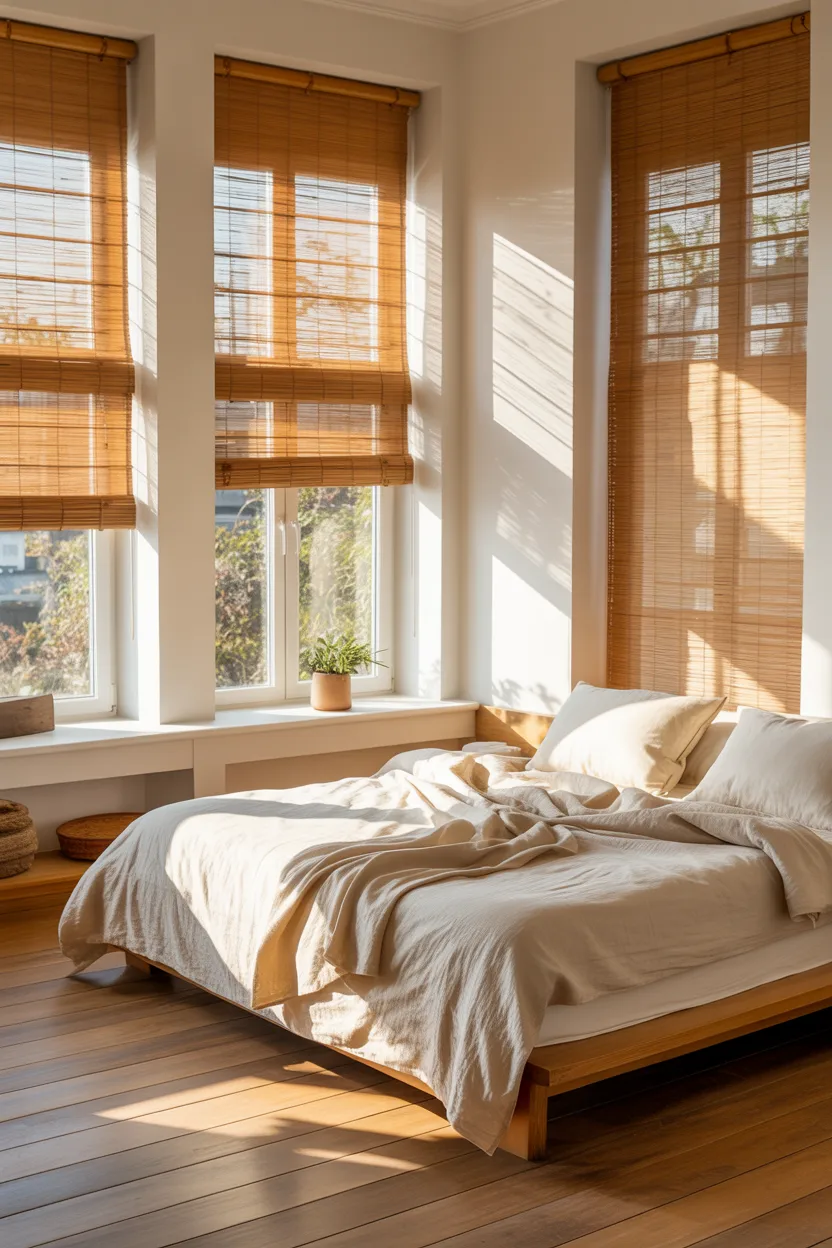 Japandi Bedroom With Bamboo Blind Window Treatment