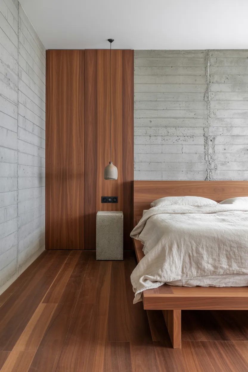 Japandi Bedroom With Concrete and Wood Combination
