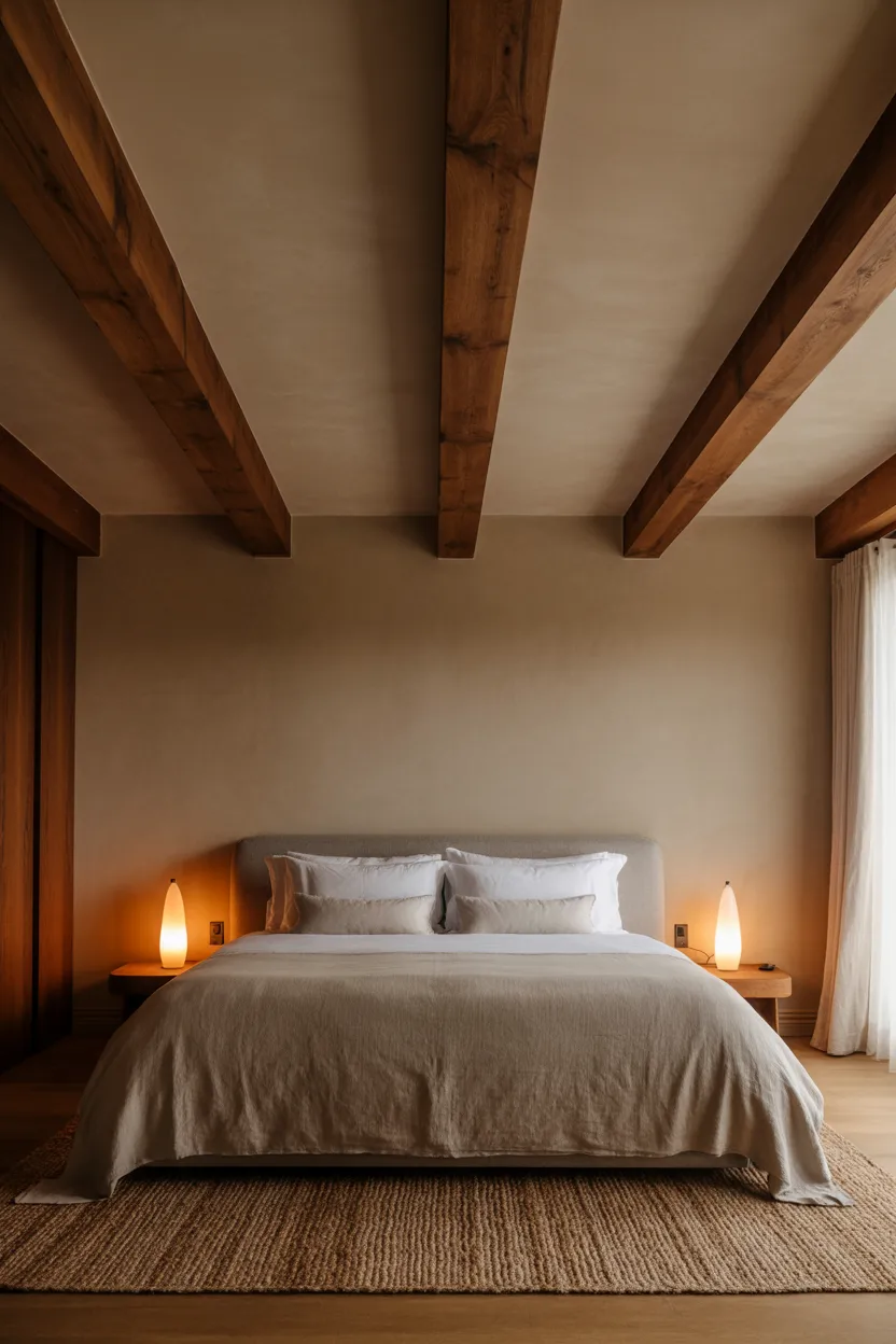Japandi Bedroom With Exposed Wooden Ceiling Beams