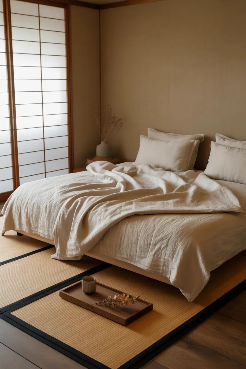 Japandi Bedroom With Floor-Level Futon and Tatami Mat