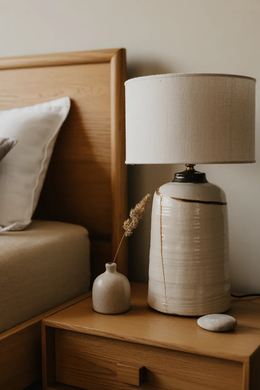 Japandi Bedroom With Handmade Ceramic Bedside Lamp