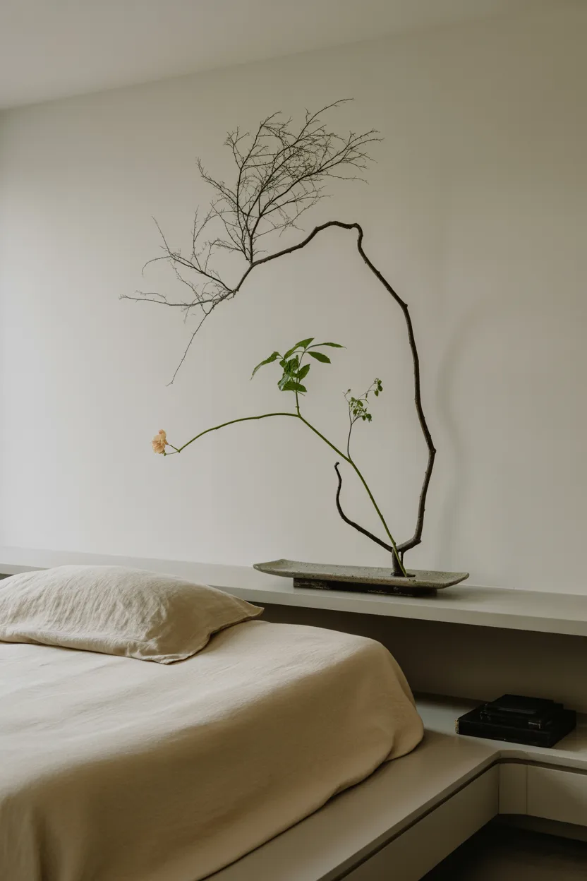 Japandi Bedroom With Ikebana Floral Arrangement