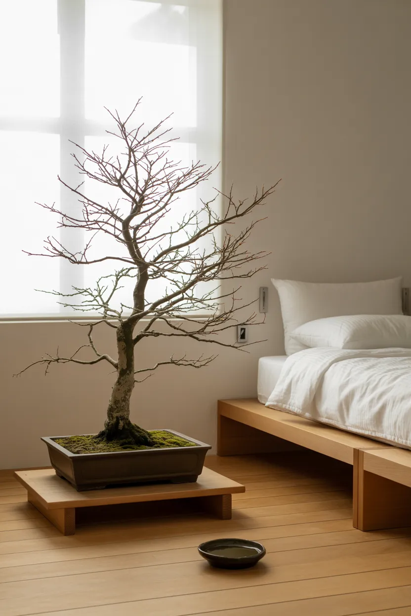 Japandi Bedroom With Indoor Bonsai or Branch Display
