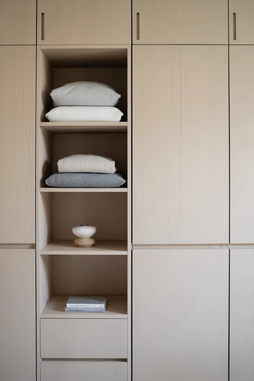 Japandi Bedroom With Integrated Wooden Wardrobe and Open Shelf
