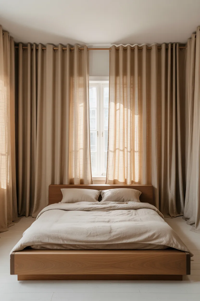 Japandi Bedroom With Linen Curtains Floor to Ceiling