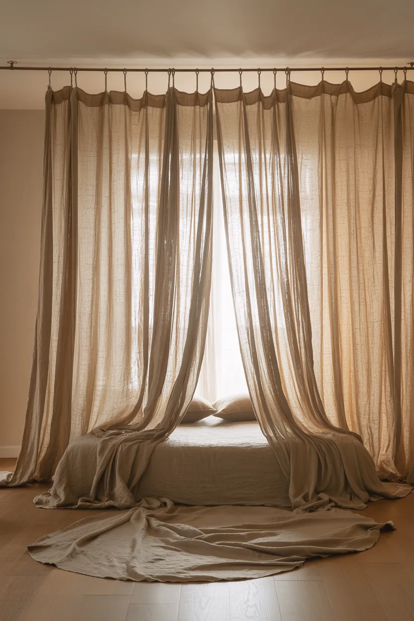 Japandi Bedroom With Linen Curtains Pooling on the Floor
Japandi Bedroom Ideas 