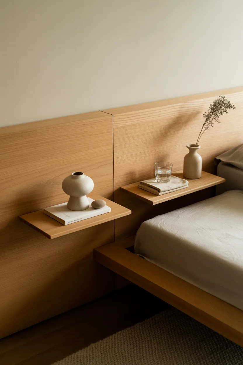 Japandi Bedroom With Minimalist Floating Shelf Bedside