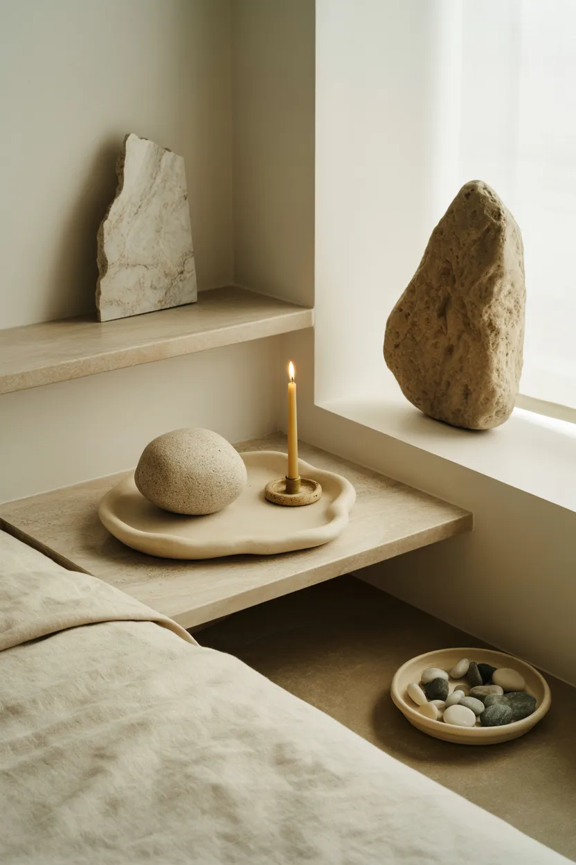 Japandi Bedroom With Natural Stone Accessories