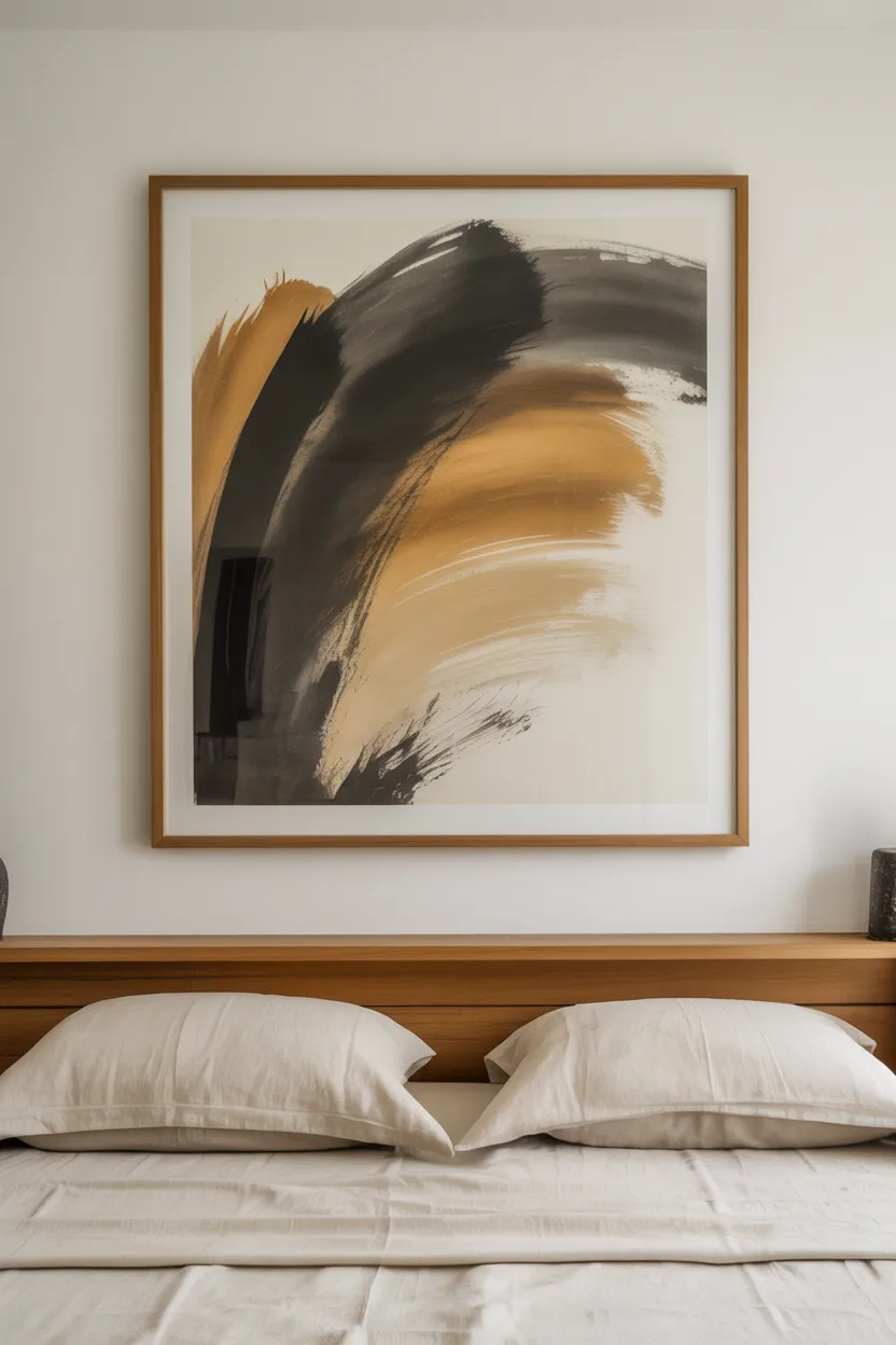 Japandi Bedroom With Neutral Art Above Bed