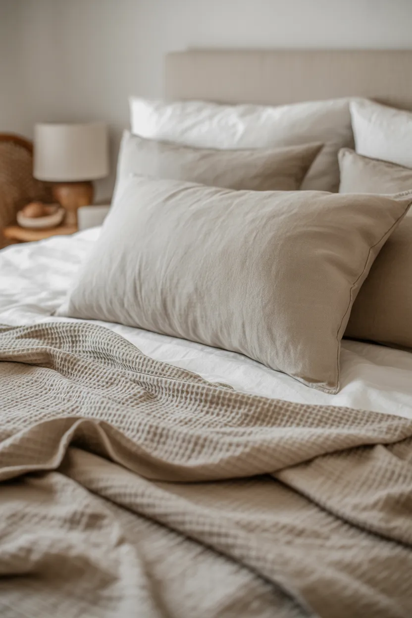 Japandi Bedroom With Organic Cotton and Linen Layered Bedding