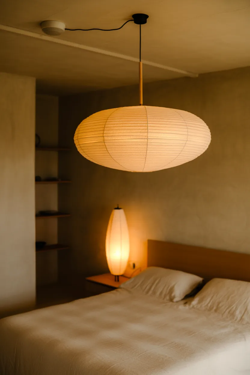 Japandi Bedroom With Paper Pendant Lamp as the Only Light Source