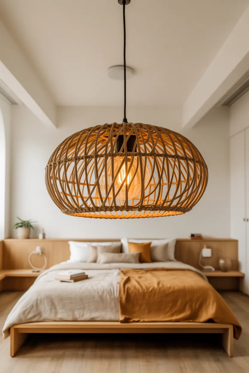  Japandi Bedroom With Rattan Pendant Light