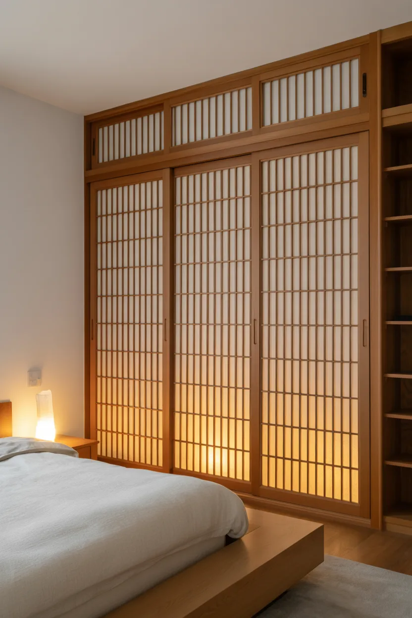 Japandi Bedroom With Shoji Screen Wardrobe Doors
