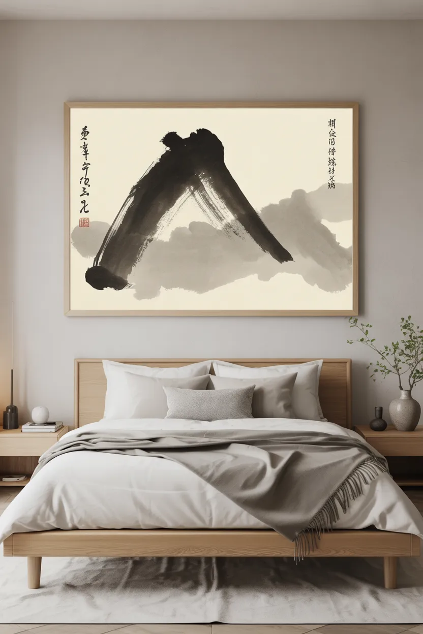Japandi Bedroom With Single Piece of Japanese Artwork