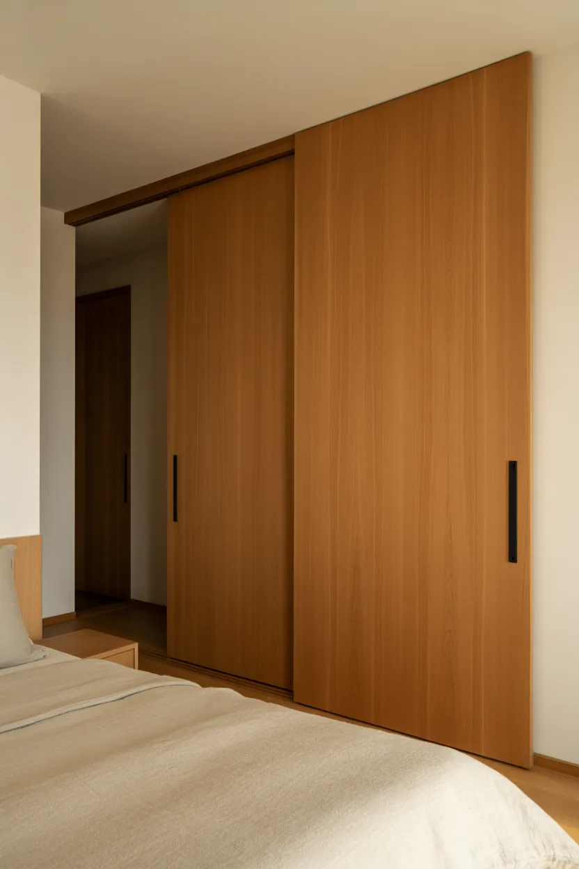 Japandi Bedroom With Sliding Timber Panel Door