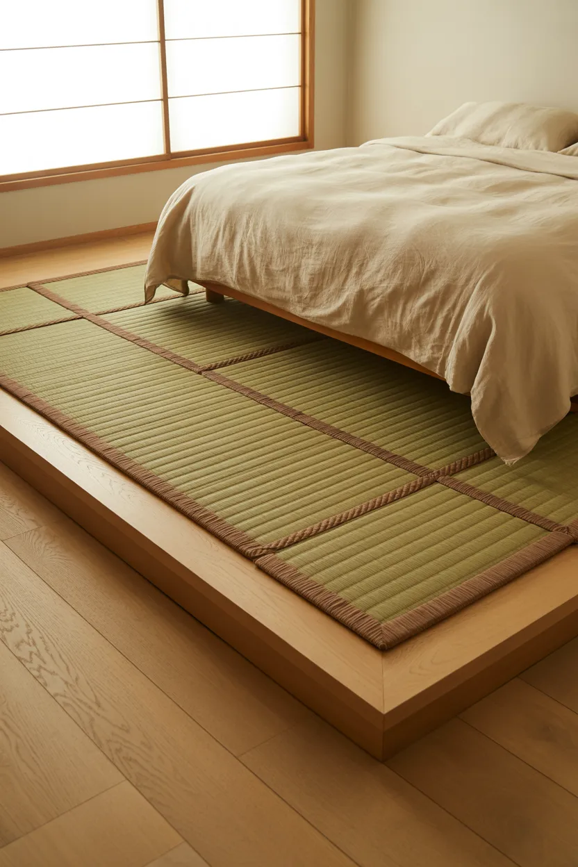 Japandi Bedroom With Tatami Mat Flooring Section