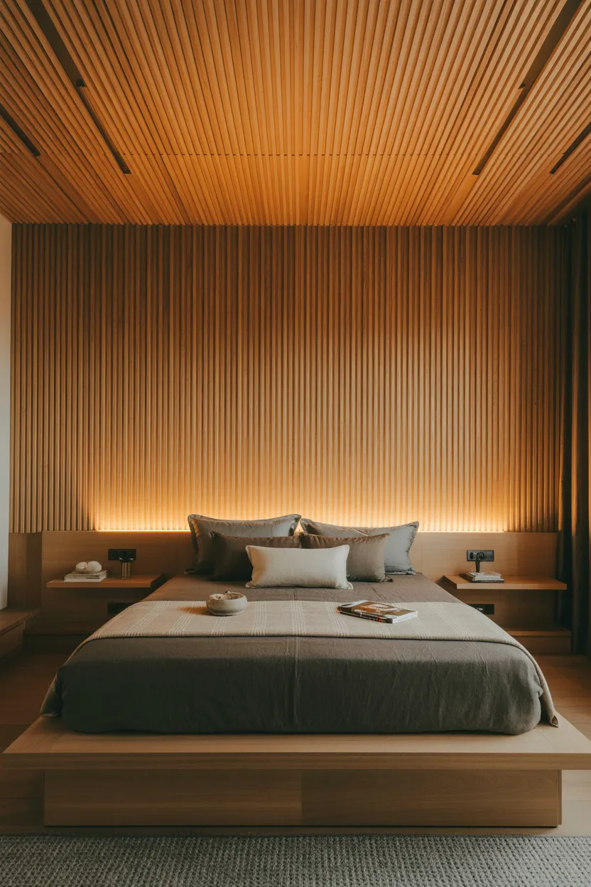 Japandi Bedroom With Vertical Wood Slat Headboard Wall