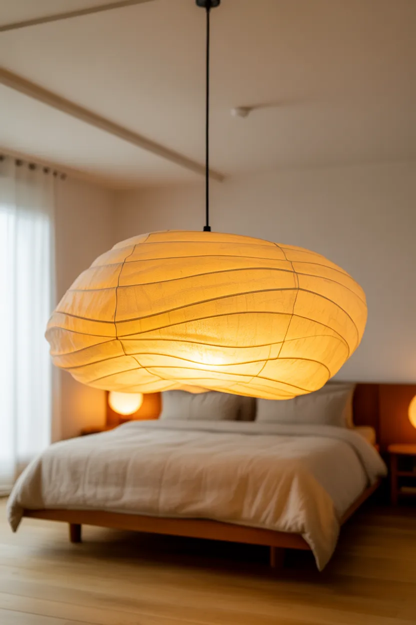 Japandi Bedroom With Washi Paper Lamp