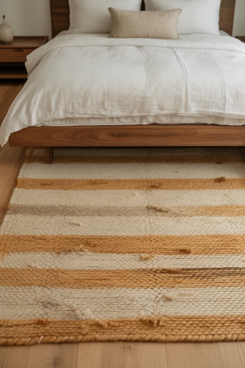 Japandi Bedroom With Woven Wool Rug as the Room's Foundation