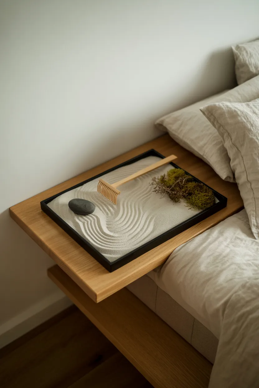 Japandi Bedroom With Zen Garden Bedside Display