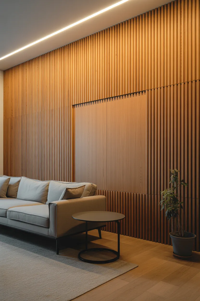 Japandi Living Room With Acoustic Wood Slat Panel Wall