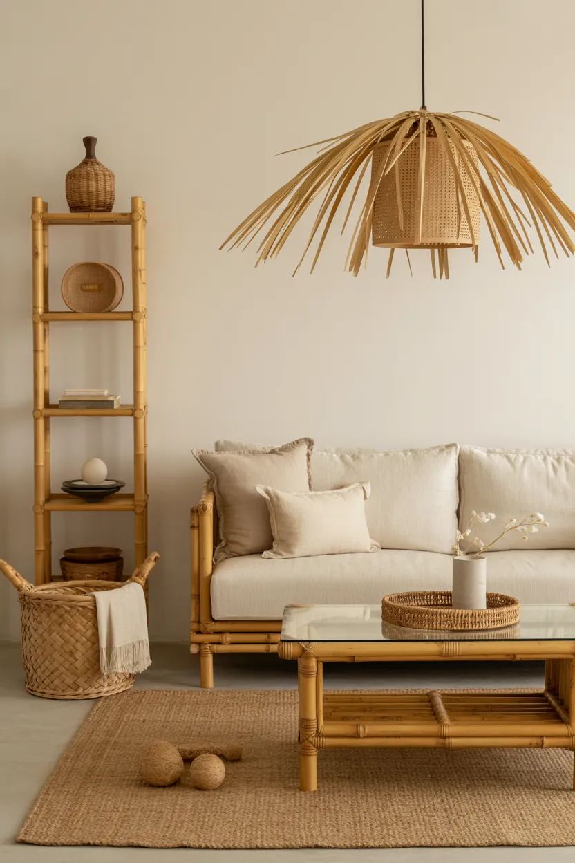 Japandi Living Room With Bamboo and Natural Fiber Accents