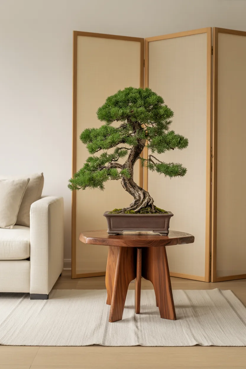 Japandi Living Room With Bonsai Tree as Focal Point