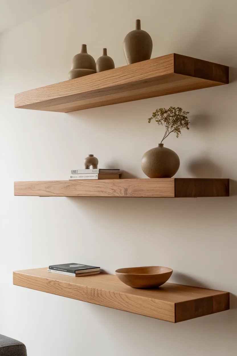 Japandi Living Room With Floating Wall Shelves in Solid Oak