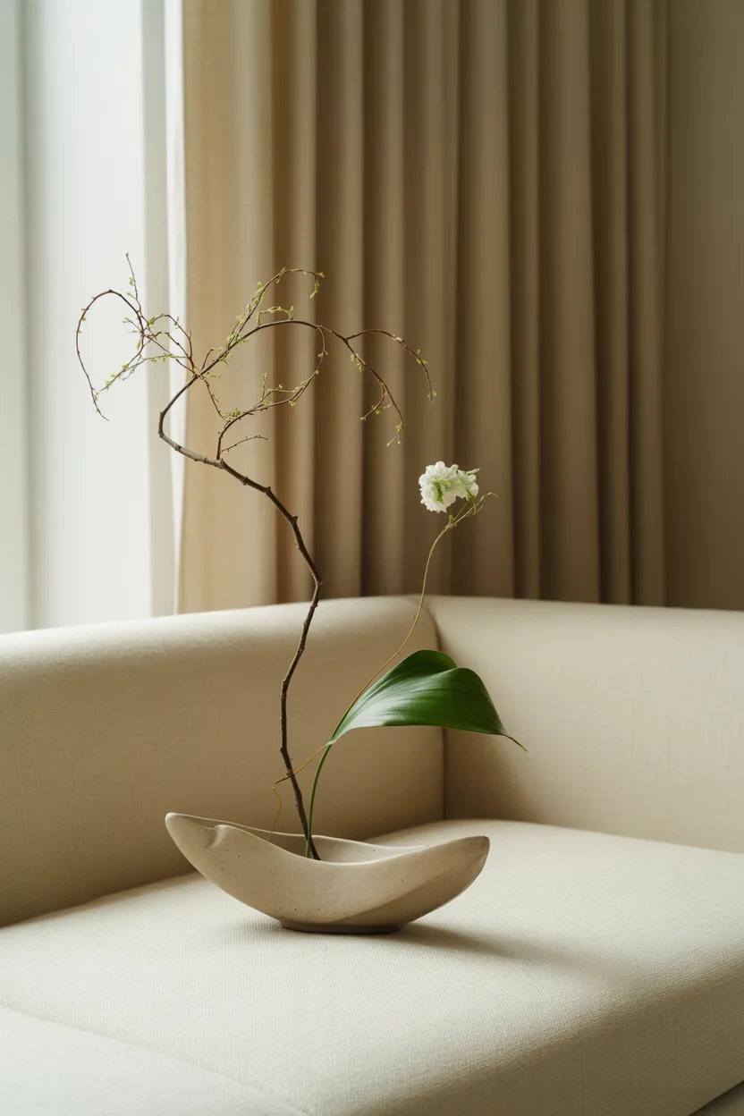 Japandi Living Room With Ikebana-Style Floral Arrangement