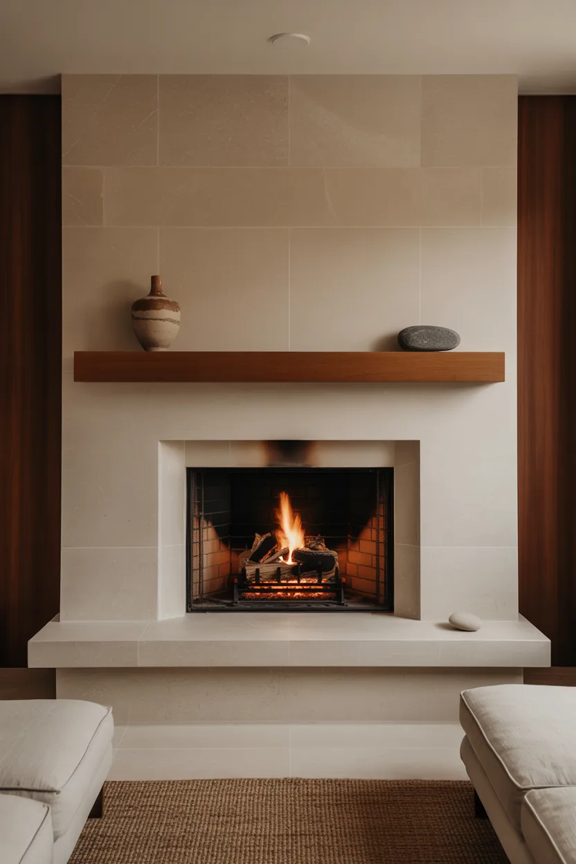 Japandi Living Room With Integrated Fireplace and Stone Surround