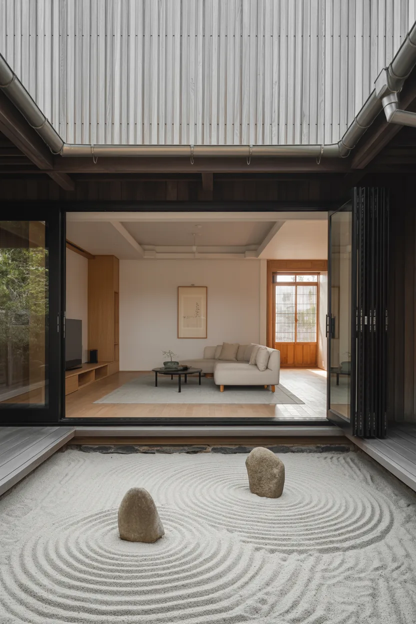 Japandi Living Room With Raked Sand Garden View