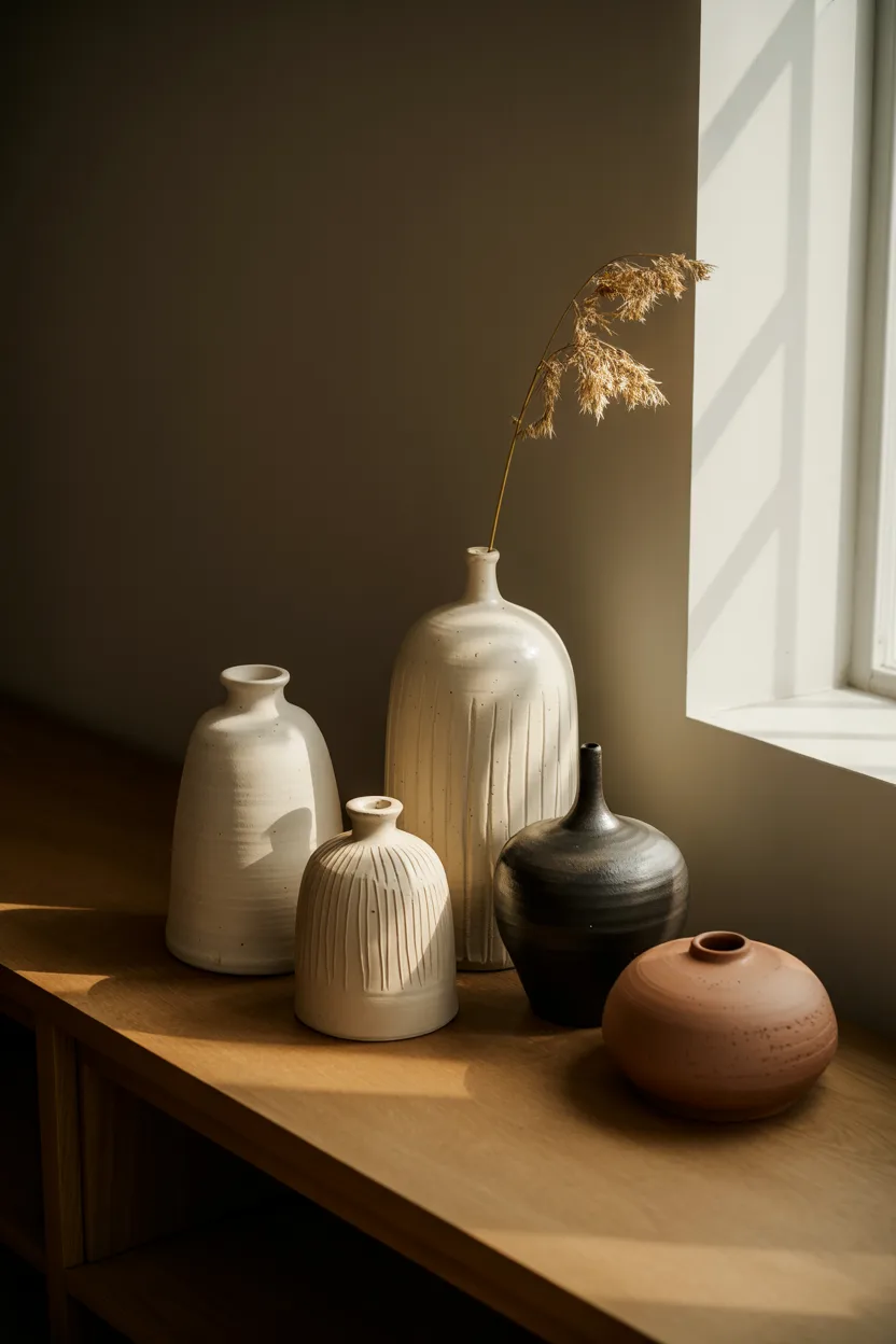 Japandi Living Room With Sculptural Ceramic Vessels
