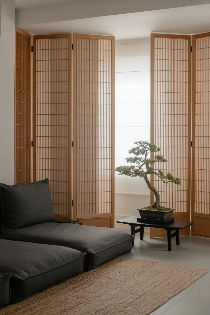 Japandi Living Room With Shoji-Inspired Room Divider