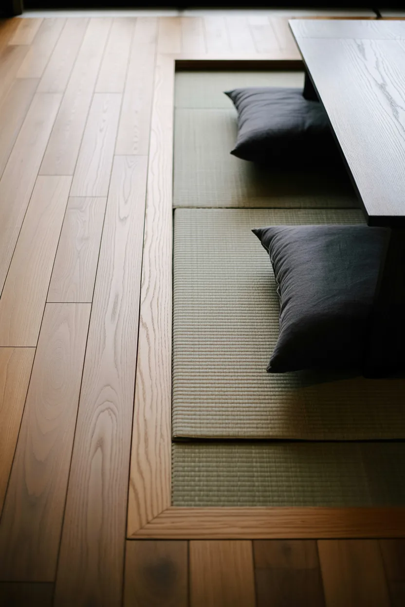 Japandi Living Room With Tatami Mat Flooring Section