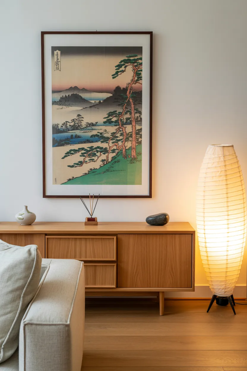 Japandi Living Room With Vintage Japanese Woodblock Print