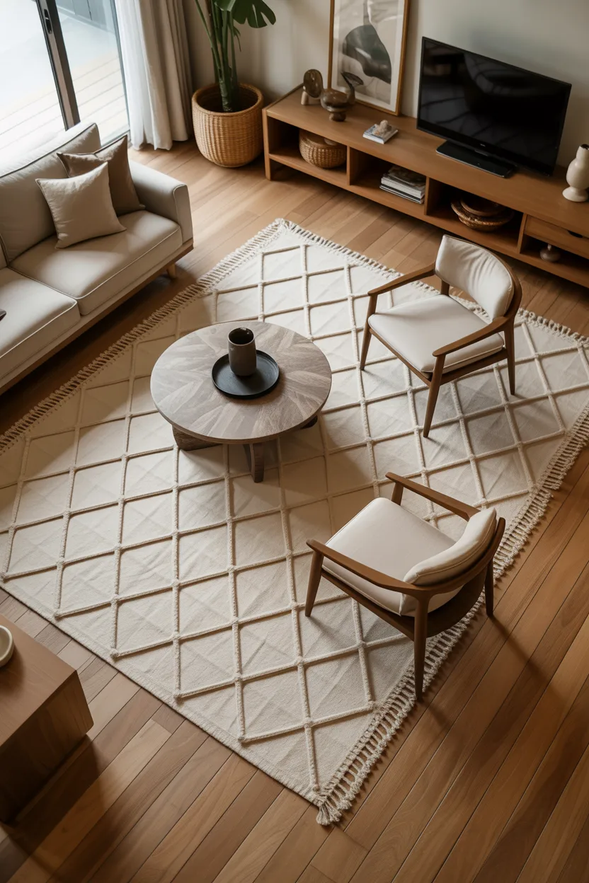 Japandi Living Room With Wool Rug as the Foundation