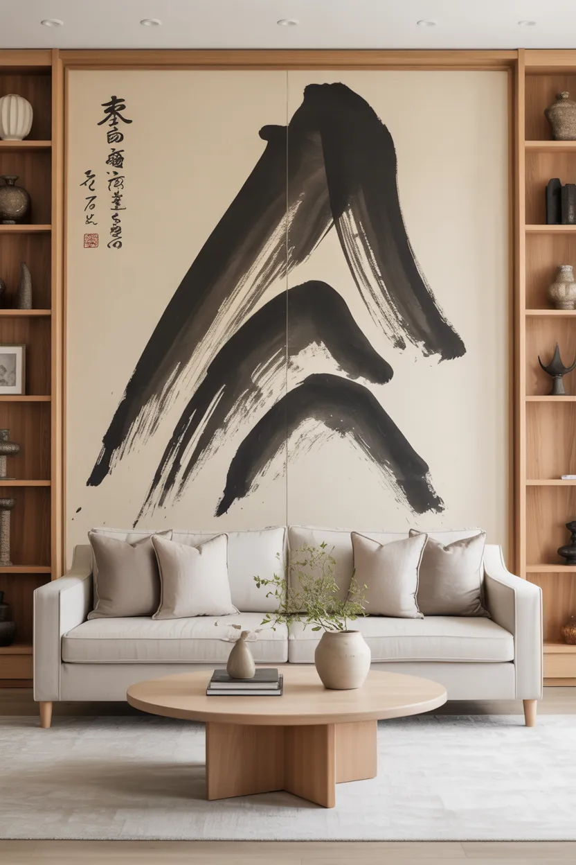 Japandi Living Room With a Single Large-Scale Art Piece