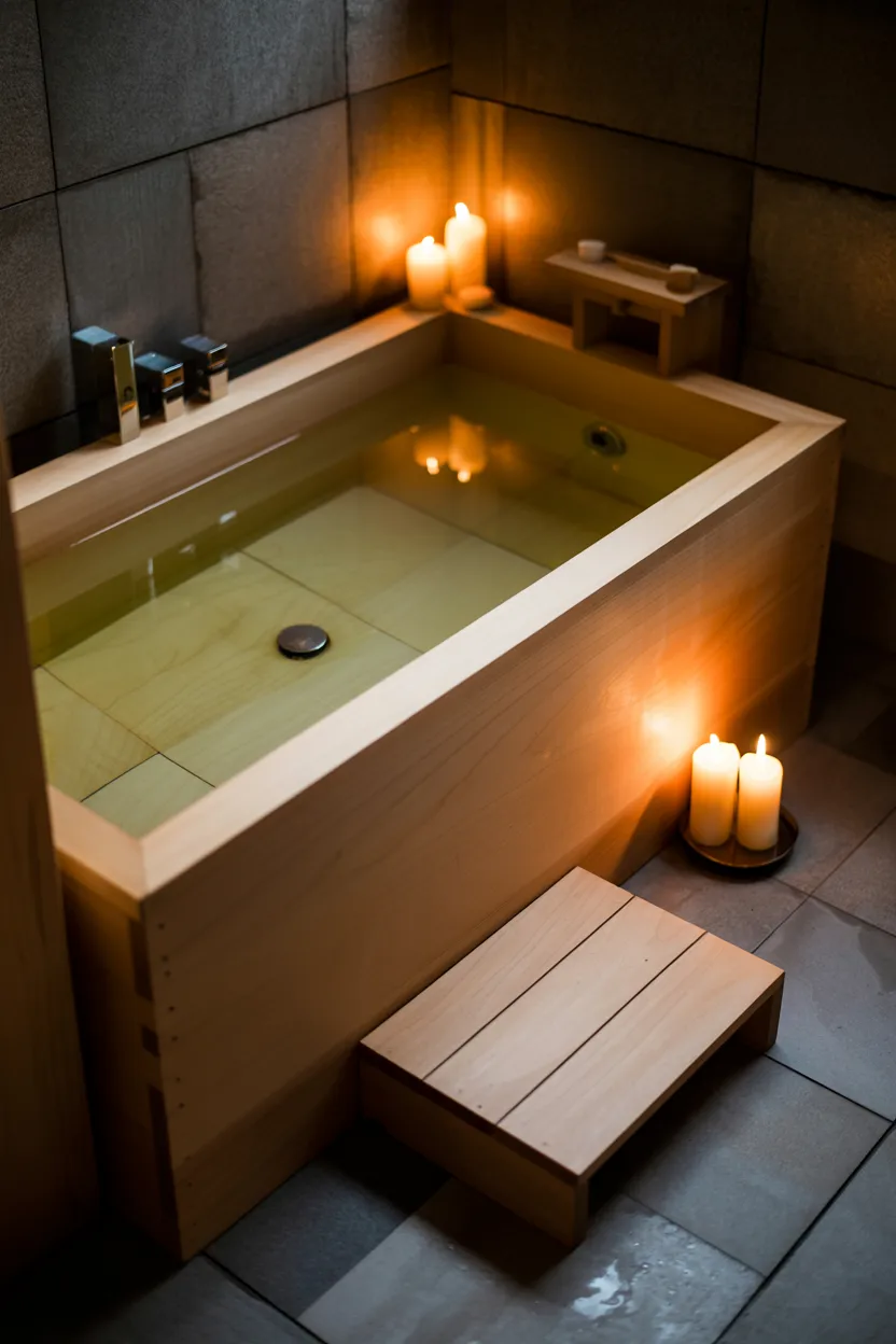  Japanese Hinoki Wood Bath With Steam and Candlelight