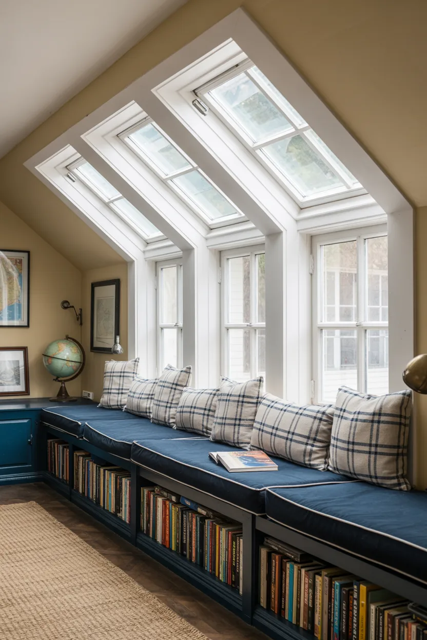 Reading Nook Above the Garage With Skylight and Window Bench