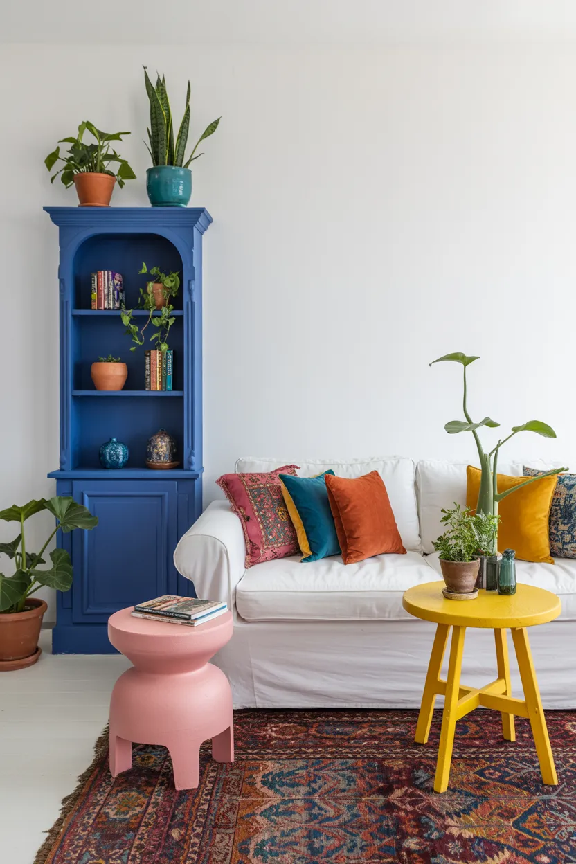 Colorful Boho Living Room With Painted Furniture and Pattern Mixing