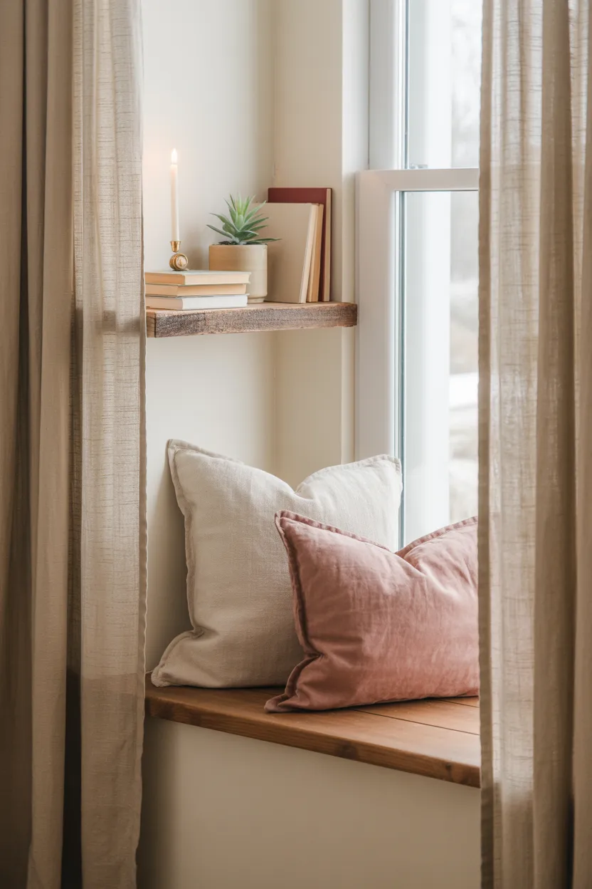 Cozy Reading Nook Beside the Bed With Window Seat and Linen Cushions